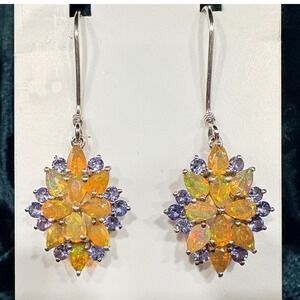 Dainty Sterling Silver Opal Tanzanite Flower Dangle Earrings Glow